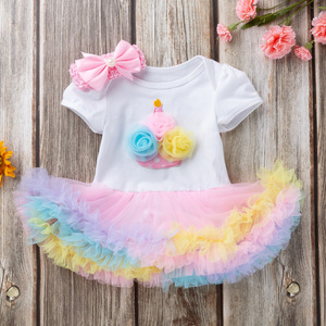 Nuovo Stile Estivo: Tutina in Cotone con Stampa Cartoon per Bambina, Manica Corta, Bianco e Rosa, con Tulle, per Festa del Primo Compleanno, Vendita all'Ingrosso - Product Image 3