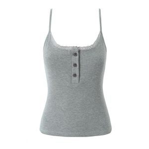 Camisole boutonnée à bordure en dentelle, couleur unie grise, en fibre de viscose, débardeur intérieur pour femme N9115 - Product Image 1