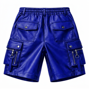 Men's Genuine <b>Leather</b> Satin Cargo <b>Shorts</b> Multiple Pockets Elastic Mid Waist Zipper Fly Eco-Friendly Breathable Casual Solid - Product Image 4