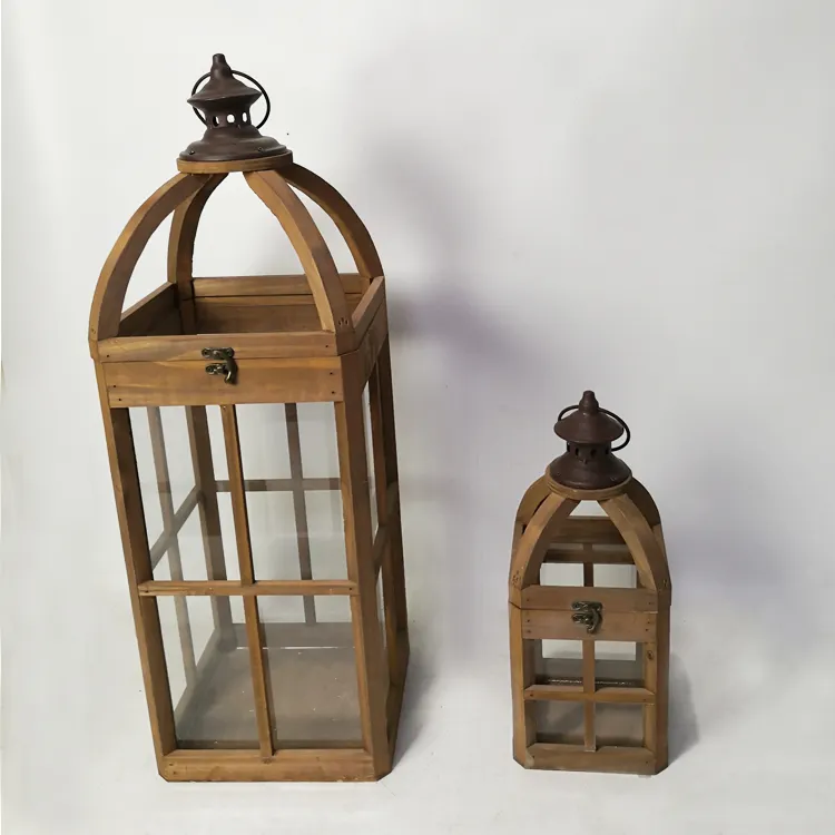 Set of 2 outdoor hanging antique wooden hurricane and storm lantern candle holder with glass for garden and wedding decoration