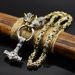 Lujo alta calidad cabeza <span class=keywords><strong>de</strong></span> <span class=keywords><strong>Lobo</strong></span> <span class=keywords><strong>dos</strong></span> tonos emperador collar vikingo oro Thor martillo Acero inoxidable encanto fresco hombres colgante - Product Image 2