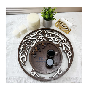 Vente d'usine Ramadan Eid cadeau rond en bois d'acacia vadrouille incrustation chocolat plateau de service nacre incrustation Dessert plateau de service - Product Image 1