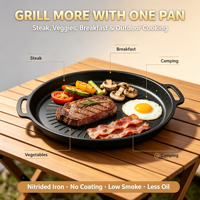 Panel Panggangan Besi Nitrided Tanpa Lapisan Anti Lengket, Plat Panggangan Besi Cor dengan Pegangan Ganda untuk BBQ, Kompor, dan Dapur