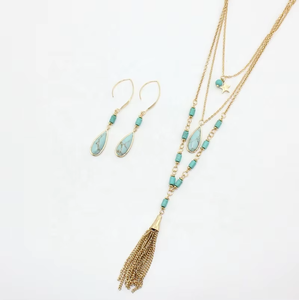 PJ-C484 Conjunto de Collar y Pendientes de Estilo Bohemio con Borlas de Turquesa y Piedras Preciosas, Cadena para Suéter, Joyería de Moda, Regalo de Alta Calidad - Product Image 3