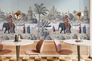 Murale da Parete Art Déco con Paesaggio Indiano, <span class=keywords><strong>Elefante</strong></span>, Pavone e Castello, Scenografia Tropicale con Palme, Carta da Parati per Soggiorno e Hotel, <span class=keywords><strong>Sfondo</strong></span> Personalizzato - Product Image 5