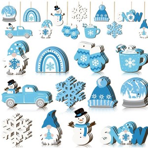 Ornements de Noël en bois bleus, flocons de neige, gnomes, bonhommes de neige, décorations suspendues pour la maison et les fêtes - Product Image 5