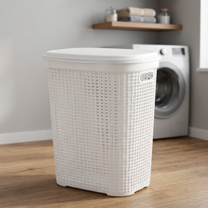 White Color Honeycomb Patterned Multifunction Plastic Laundry <b>Basket</b> with Lid Made in TR - Product Image 3