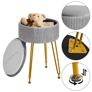 Petit pouf de rangement, repose-pieds, tabouret de maquillage en <span class=keywords><strong>velours</strong></span> <span class=keywords><strong>gris</strong></span> pour salle de maquillage, tabouret de maquillage pas cher avec pieds dorés - Product Image 4