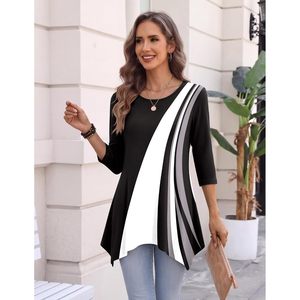 FOXA Women's 3/4 Sleeve <b>Asymmetrical</b> <b>Hem</b> Tunic Shirt Plus Size Loose Blouse Crew Neck Spliced Design Long <b>Top</b> for Casual Wear - Product Image 3