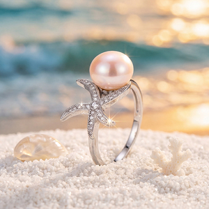 Anillo de Perlas de Agua Dulce con Estrella de Mar de Cobre e Incrustaciones de Circonita Cúbica, Joyería de Perlas Rosas y Púrpuras para Mujer, Regalo de Boda o Compromiso en la Playa - Product Image 5