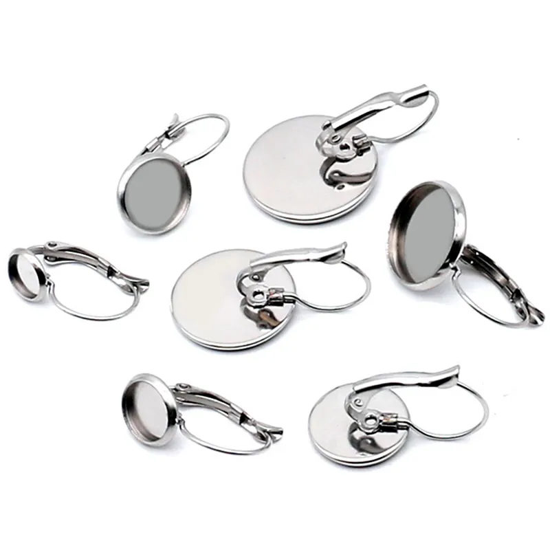 10pcs Stainless Steel French Hook Earring Fit 8 10 12 14 16 18 20 MM Cabochon Cameo Setting Blank Base Bezels DIY Jewelry Making