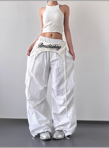 Trendy Dance Nicho Calças New Design Cintura Alta Flat Summer Street Wear Versátil Casual Loose Fit Elastic Waist Cargo Spring - Product Image 6