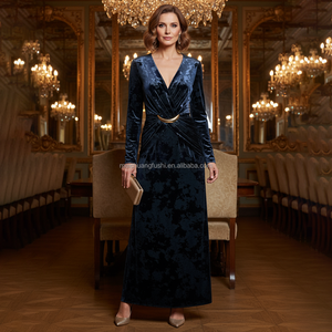 カスタムベルベットミディドレスハードウェア長袖ディープVネックジャカードウィーブ - Product Image 6