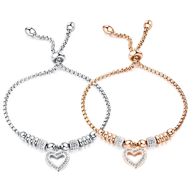 Fashion Women Jewelry Bracelets Titanium Steel Heart Shape Rhinestone Adjustable Chain Bracelet