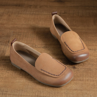 Mocassins en daim marron en cuir véritable à bout carré, à enfiler, avec design cousu plat, semelle extérieure en caoutchouc, chaussures décontractées pour la marche, toutes saisons