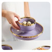 Service de vaisselle en céramique de luxe violet nordique avec bordure dorée pour restaurant, assiettes et bols