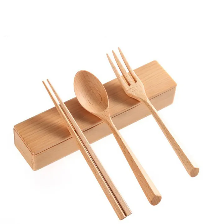 Set di stoviglie regalo da viaggio portatile cucchiaio forchetta bacchette 4 pezzi Set di posate in legno con scatola