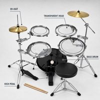 Set de Batería Acústica Portátil de 5 Piezas con Parches Transparentes, Kit Completo con Pedal, Baquetas y Taburete para Principiantes