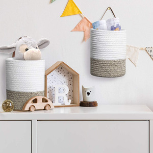 Cotton rope hanging <b>basket</b>, wall <b>basket</b>, small <b>basket</b> with leather handle, <b>storage</b> bucket, cotton rope handle <b>storage</b> rack, - Product Image 3