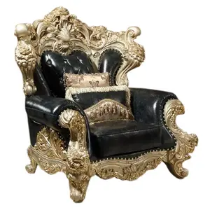 Baroque Emas Kayu Solid Kulit Alami Sofa Set/Bahasa Arab Pakistan Gaya Mewah Perabot Ruang Keluarga