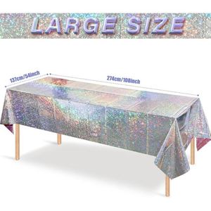 Disco Birthday 70s Party Decorations Iridescent Silver Holographic Glitter <b>Plastic</b> Disposable Rectangle <b>Tablecloth</b> - Product Image 3