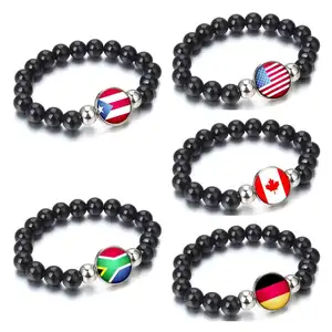 Hot selling Countries National Flag Snap Button Elastic Band Beads Country Flag Independence Day Jewelry flag beaded bracelet