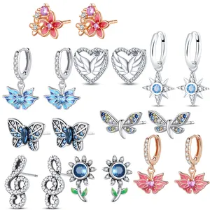 New 925 Sterling Silver Music Notes Butterfly Dragonfly Flower Original Charm Pan Earrings Sparkling Luxury Jewelry Wholesale
