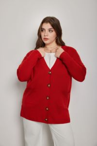 <strong>Women</strong> Winter Clothes 2026 Knit <strong>Cardigan</strong> in <strong>Red</strong> Button Closure with Side Slits and V Neck Functional Pockets for Wholesale - Product Image 6