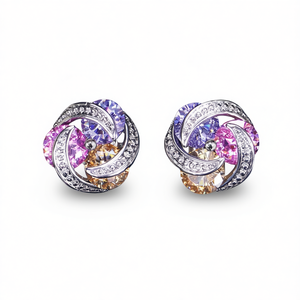 Boucles d'oreilles clous de luxe pour femme, design fleur en strass de cristal, rose, violet, jaune, améthyste, sertissage griffe, alliage de zinc plaqué rhodium - Product Image 1