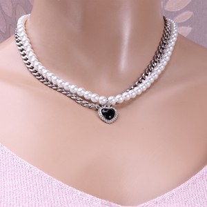 <b>Titanium</b> Steel Pearl Choker Necklace With Black Heart Pendant Multi Layered Clavicle <b>Chain</b> For Party Fashion Jewelry - Product Image 2