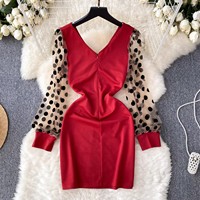 Fashion Sexy Deep V Low-cut Tight Dress Small Polka Dot Mesh Long-sleeved Irregular Bag Hip Bottoming Skirt