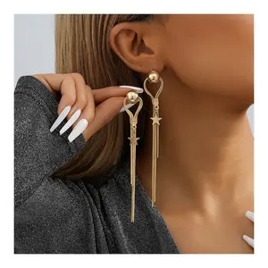 Trendy Asymmetric Tassel Round Beaded Earrings Simple Long Stars Dangle Chain Earrings for Women Jewelry