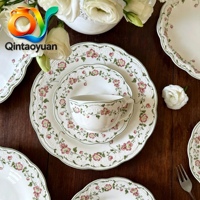 Juego de Vajilla de Cerámica con Diseño Floral Romántico Estilo Francés, Platos, Tazas de Café, Platos Hondos para Postre, Platos Ovalados - Aptos para Microondas