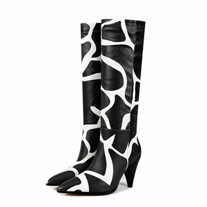Femmes bout pointu conique talon haut genou bottes hautes sans lacet large mollet Pu mode botte pour l'automne hiver - Product Image 1