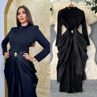 Robe élégante en nylon rouge pour femme, col rond, plissée, manches longues, taille ajustée, mi-longue, amincissante, style automne, luxe léger