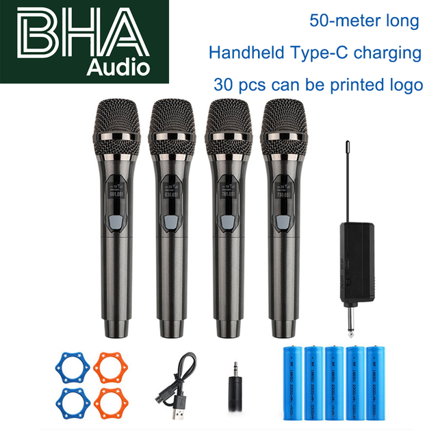 BHA YL-09 4 Channel UHF Wireless Handheld Microphone System Type C Rechargeable Universal Dynamic Mic for Karaoke Stage Speech