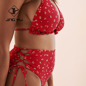 Traje de baño de dos piezas con estampado floral rojo de verano, bikini triangular de nailon cómodo y personalizado - Product Image 5