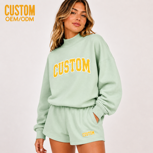 Custom Women's Towel Print <b>Embroidery</b> Hooded Regular Fit Sweatshirt Cotton Shorts Fleece Casual Breathable Loungewear 2pcs <b>Set</b> - Product Image 4