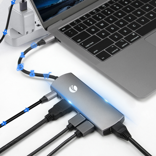 VCOM Data Transfer Docking Station 5Gbps USB C to HDMI 4K RJ45 1000Mbps 3.5mm Audio Converter Cable for PC Laptop