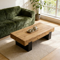 Table longue vintage en bois massif, table basse rectangulaire simple en rondins de bois pour petit salon
