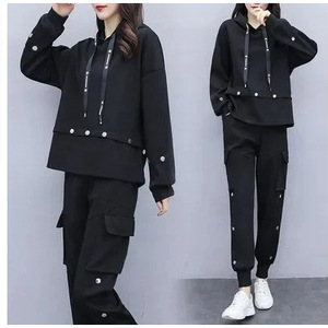 Women <b>Tracksuit</b> Set Black Plus Size Hooded Casual Sporty Loose Fit Two Piece Suit <b>Polyester</b> Fabric - Product Image 3