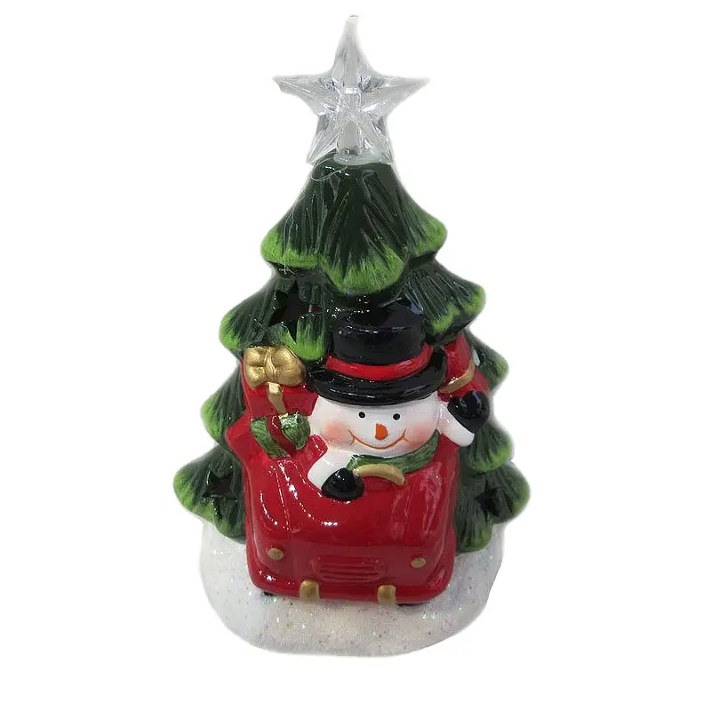 Wholesale 2020 handmade home decor ceramic Christmas ornaments LED lighted porcelain Xmas tree Snowman