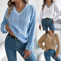 Nouvelle Collection Automne – Pull en Acrylique Col V Style Preppy Européen et Américain, Tricot Câblé Colorblock à Manches Lanterne