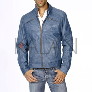 High Quality Light Brown Waxed Sheep Skin Leather Jacket for Men KLJM2 Washed Style 100% Cotton Canvas <b>Stand</b> Collar Four Front - Product Image 5