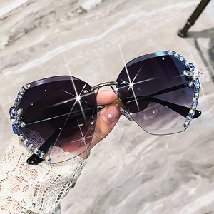 Rimless Cat Eye <b>Sunglasses</b> Women Pink Gradient Lenses With Rhinestones Fashion Accessories UV Protection - Product Image 4