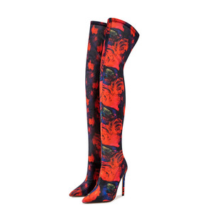 Big Size 47 Wide Fit Thigh High Boots Women's Stiletto Over-knee Floral Pattern Boots Stretchy Fabric on Shoes - Product Image 5
