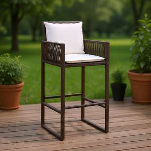 Tabouret de bar en rotin brun pour patio, structure en acier thermolaqué, taille standard, design contemporain, mobilier d'extérieur moderne - Product Image 2