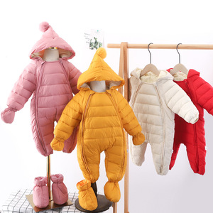 Nouveau haute qualité 0-2 ans bébé tissé vers le bas coton fermeture éclair combinaison vêtements d'hiver avec chapeau mitaines chaussettes pour garçons et filles - Product Image 1