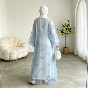 Sky Blue Butterfly Abaya <b>Set</b> For Women Sheer Organza Tulle Open Abaya With Dress Elegant <b>Modest</b> Muslim Outfit - Product Image 5