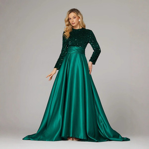 Robe de soirée longue à manches longues et col haut en sequins dorés, robe de soirée formelle pour femmes, jupe en satin longue, tenue élégante pour banquet - Product Image 2